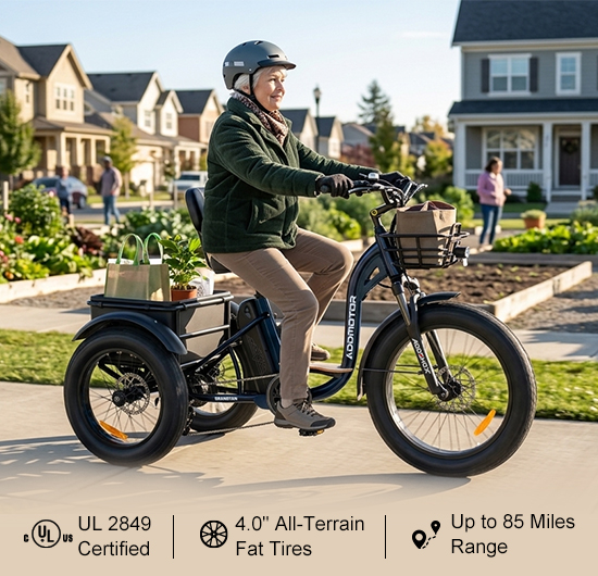 Rider using an Addmotor Grandtan M-340 electric trike on a sunny neighborhood street