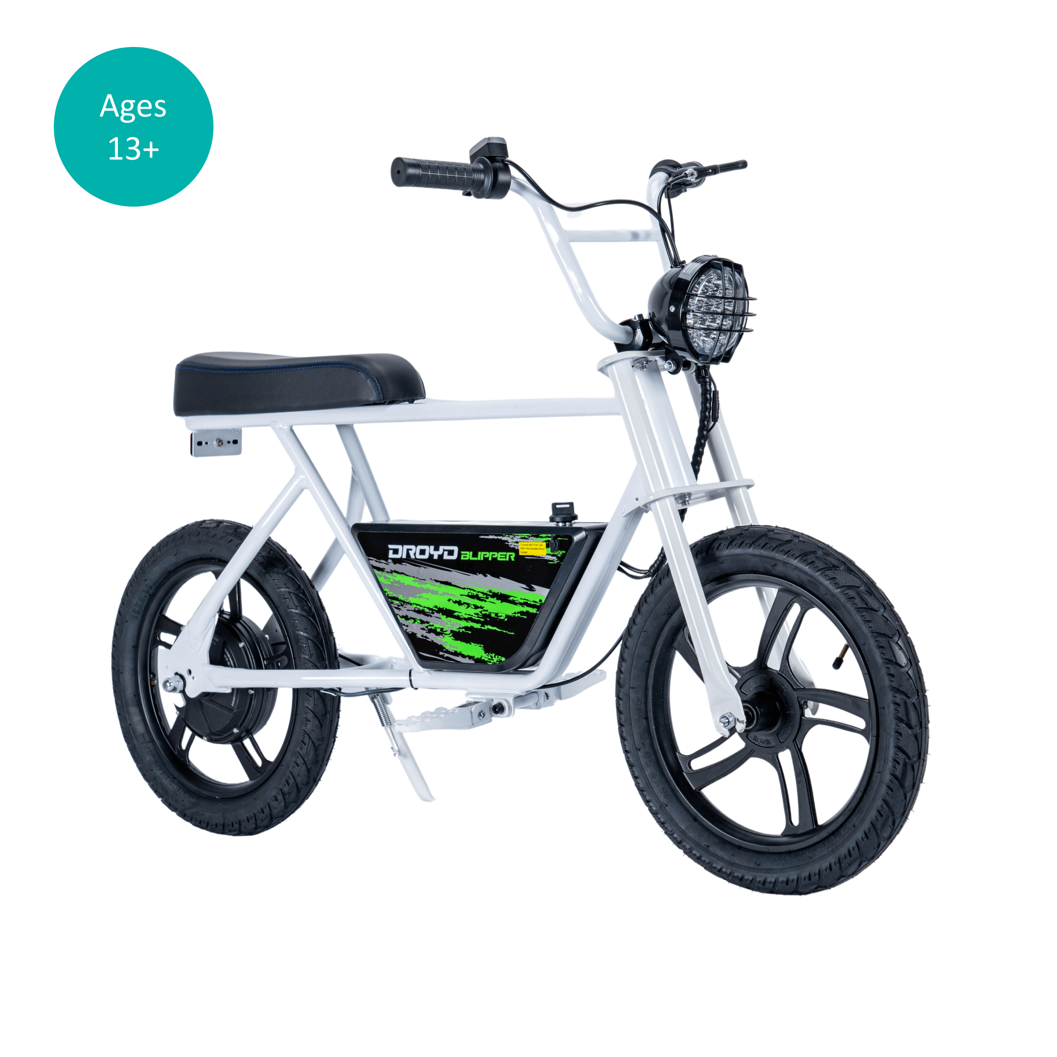 White Droyd Blipper youth electric mini bike with 16-inch tires