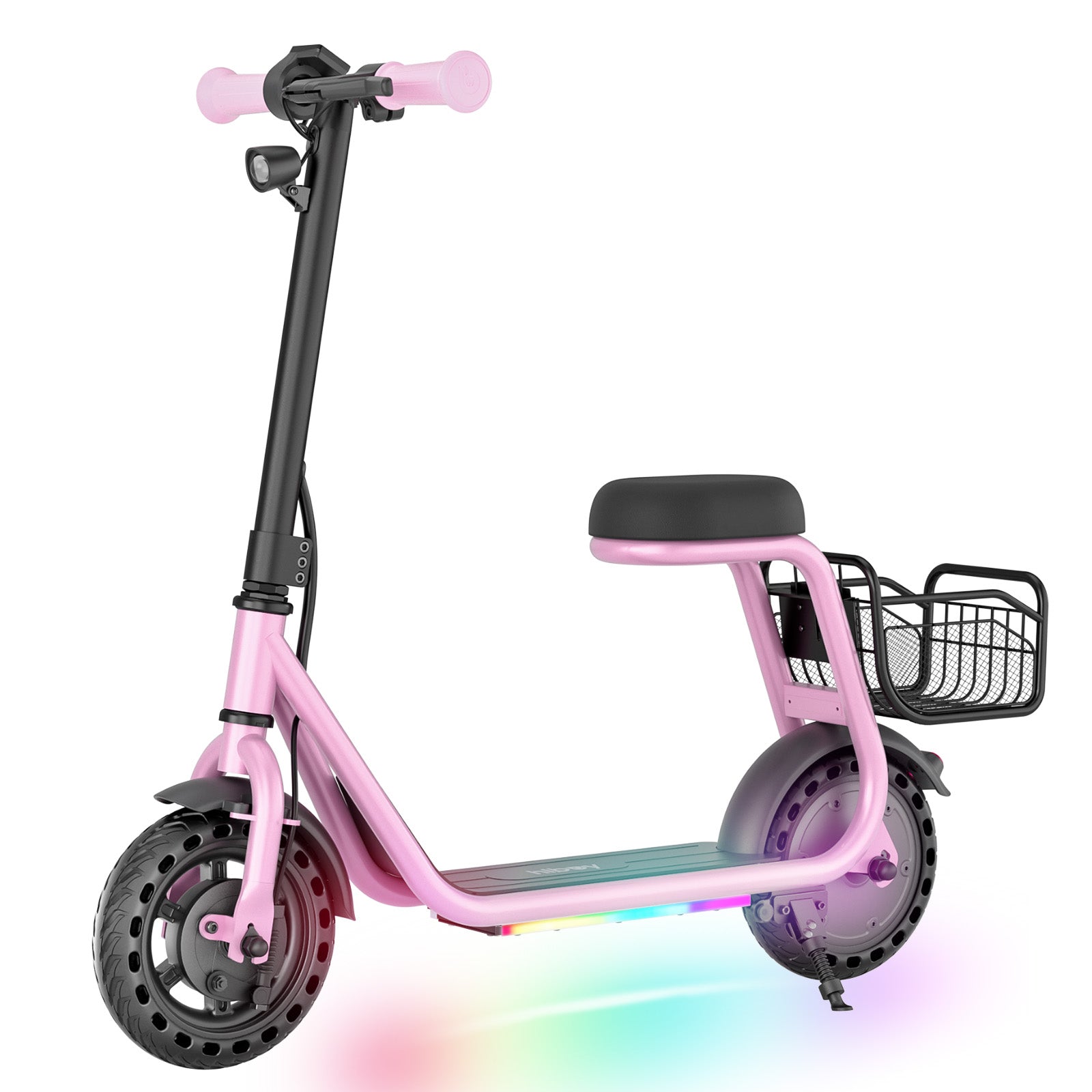 Pink Hiboy Q2 Lite seated electric scooter with basket and illuminated deck
