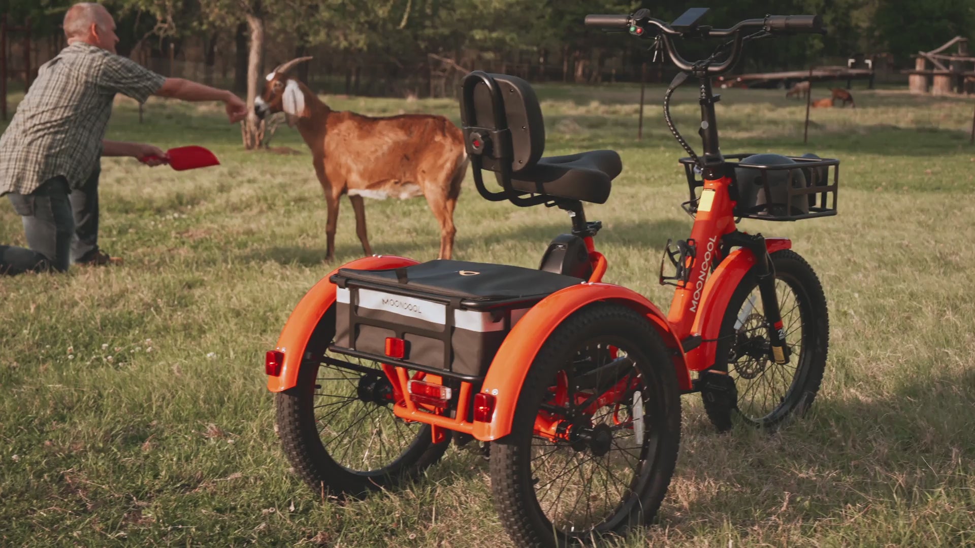 Bright orange Mooncool TK2 folding electric trike in a grassy outdoor setting