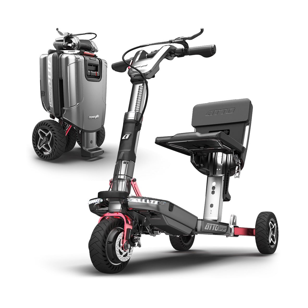 Movinglife ATTO SPORT shown open for riding and folded in trolley mode